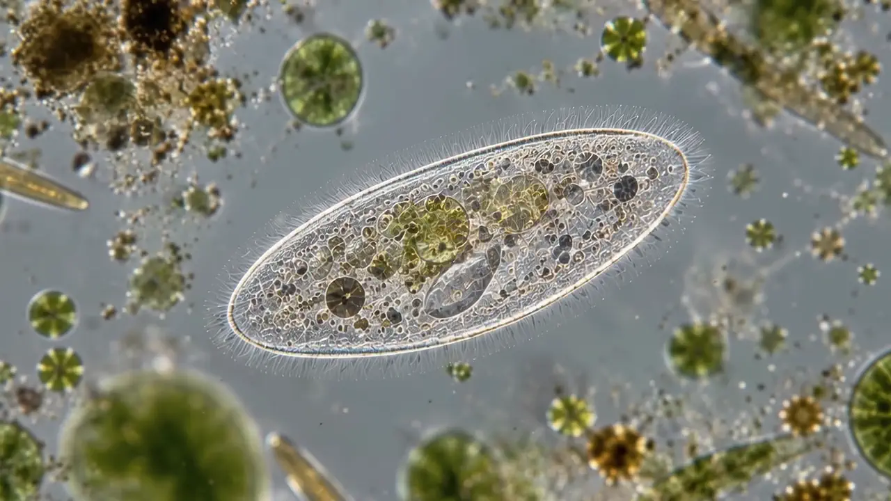 Инфузория крупным планом с ресничками по краю, вокруг зелёные водоросли.